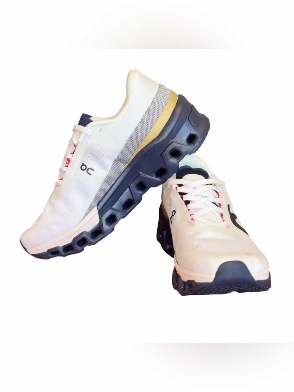 Mens On Running White Shoes with Navy and Gold Details - Picture 2 of 6